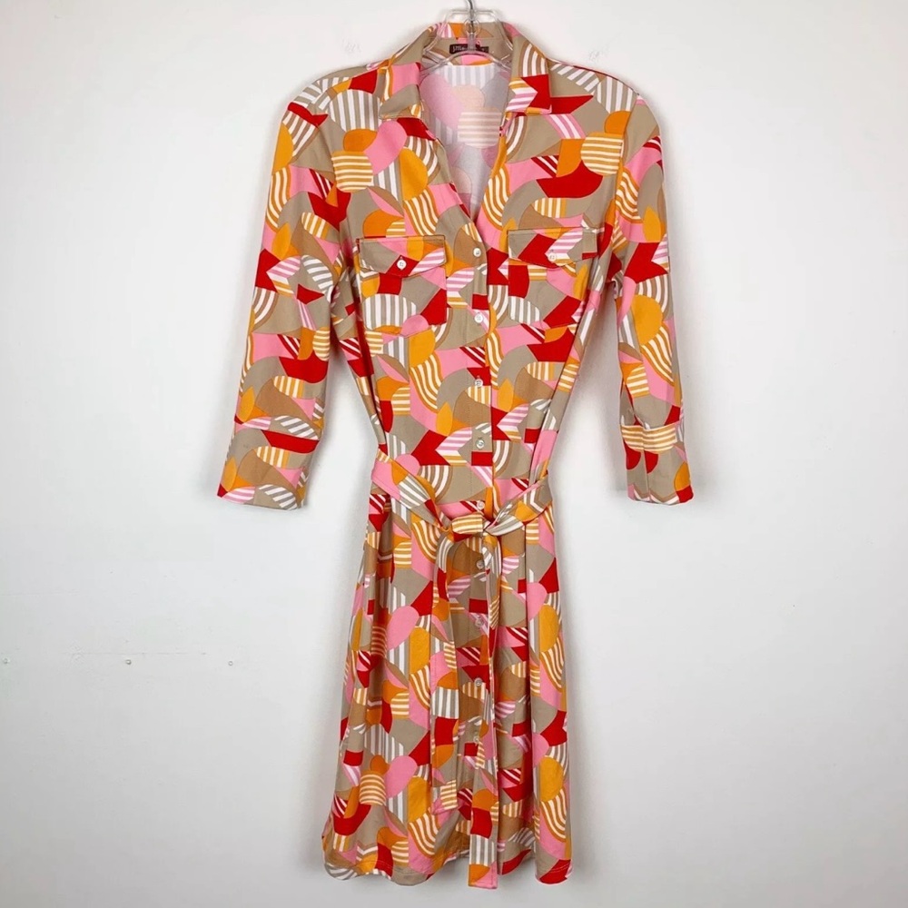 J.Mclaughlin Brynn Knee Length Shirt Dress. Tie Belt. Tan/Pink/Orange. XS. NWT